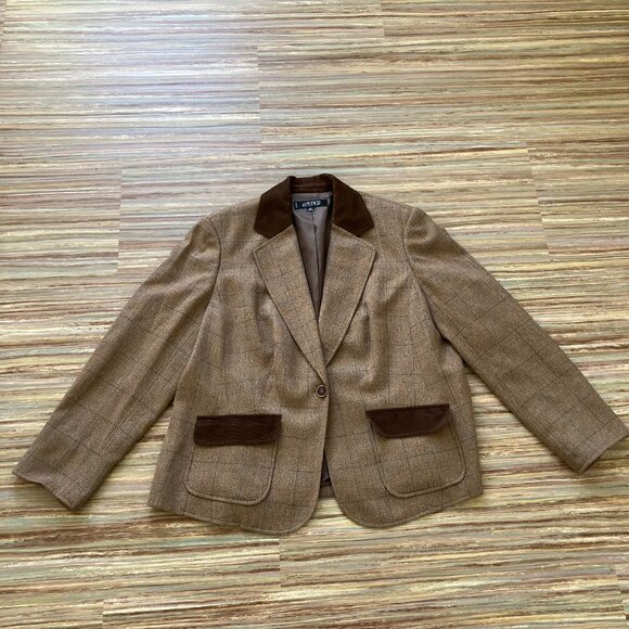 Kasper Brown Plaid Blazer Equestrian Jacket Contrast Collar Pockets Women's 16W - Picture 8 of 8